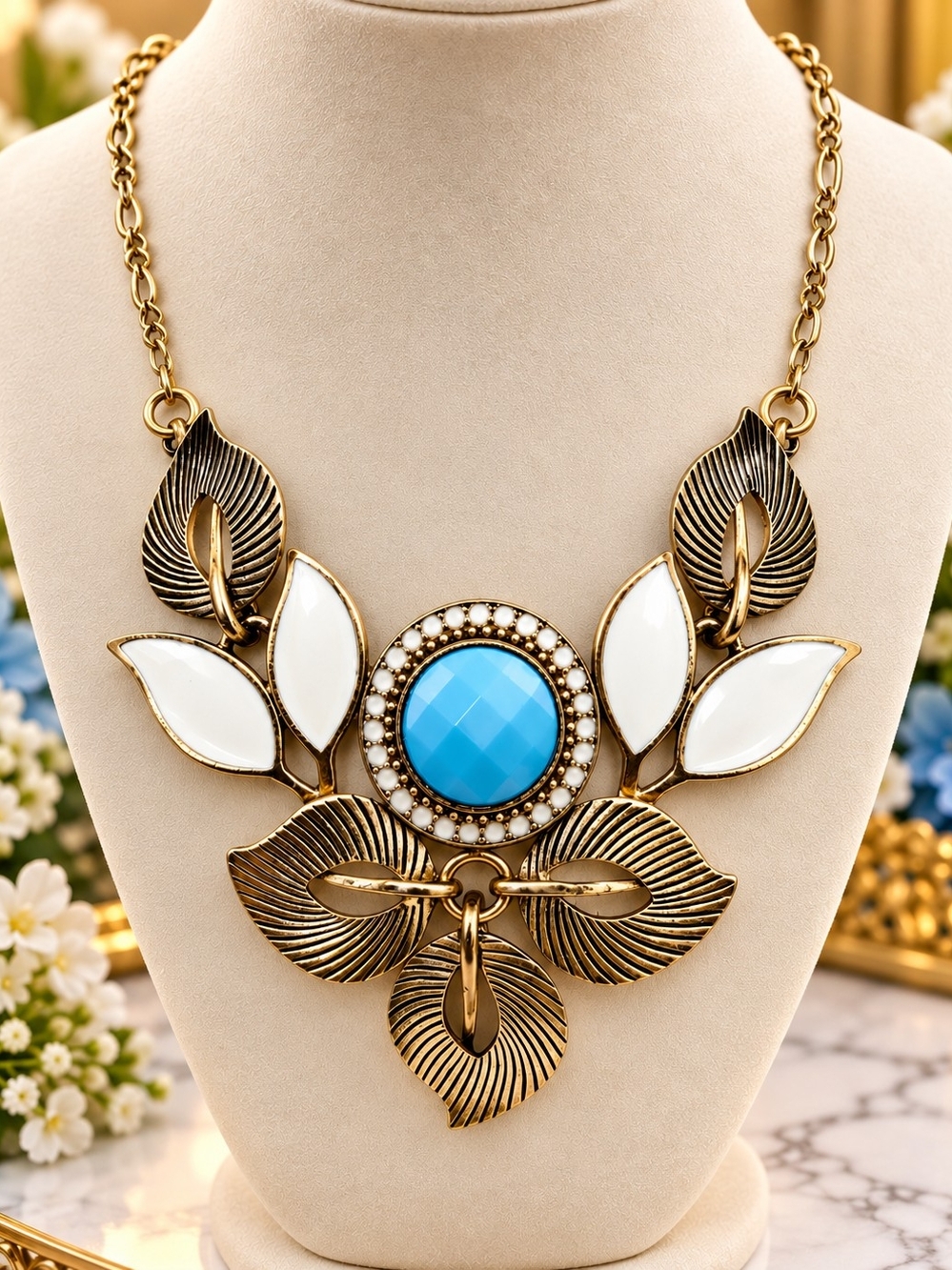 Gold-Tone Statement Necklace with Turquoise Center and White Accent Leaves 167